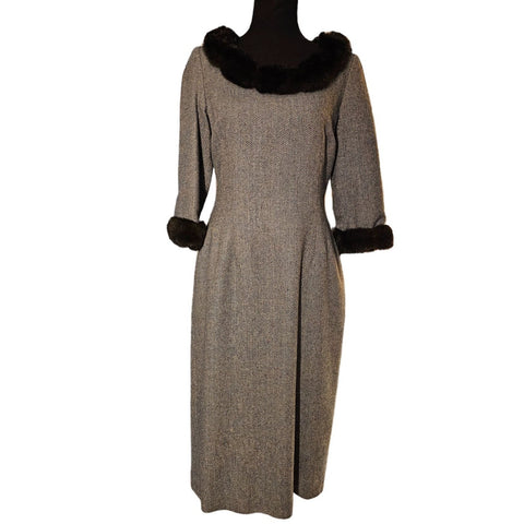 Shoshanna Retro Style Faux Fur Trim Wool Blead Sheath Cocktail Dress, Size 6