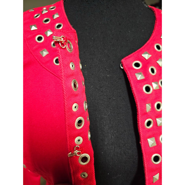 LAL Live a Little Red and Edgy Studded Denim Unique Jacket, Size Small