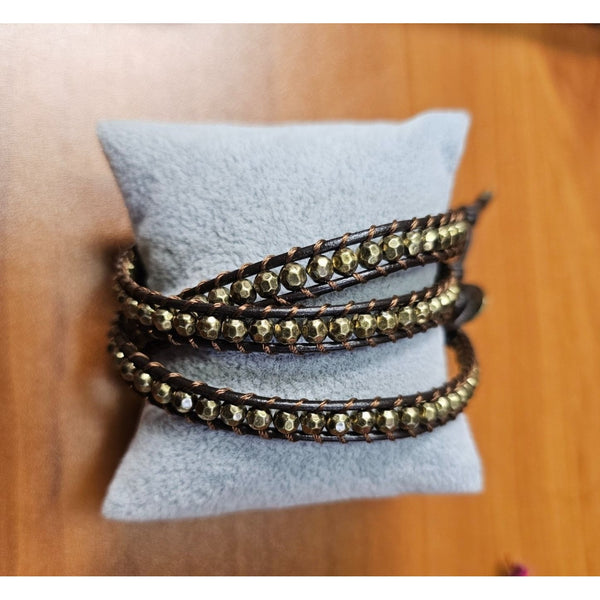 Wrap Bracelet. Set in Brown Leather with Faceted Gold Beads, 31 In