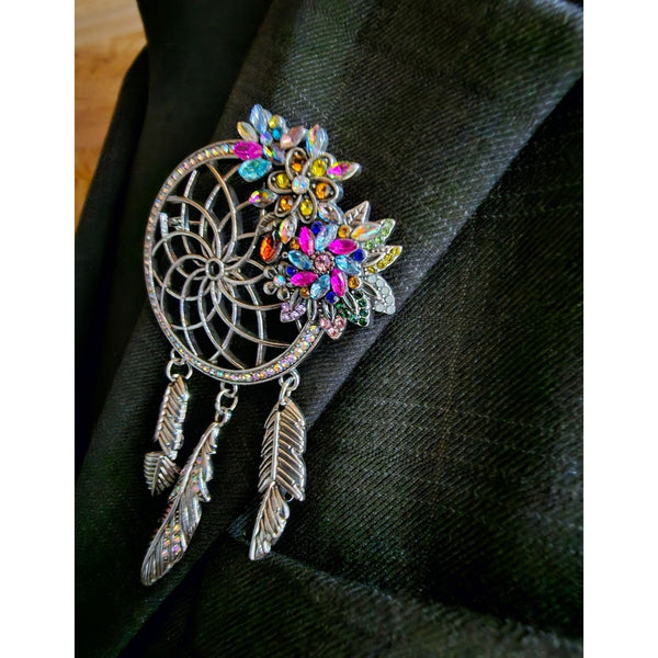 Large Dream Catcher Jeweled Brooch with Dangling Feathers
