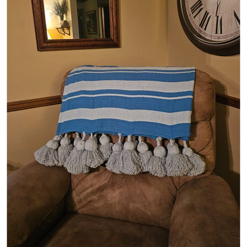 Martha Stewart Cotton Blue & White Striped Throw Blanket With Tassels