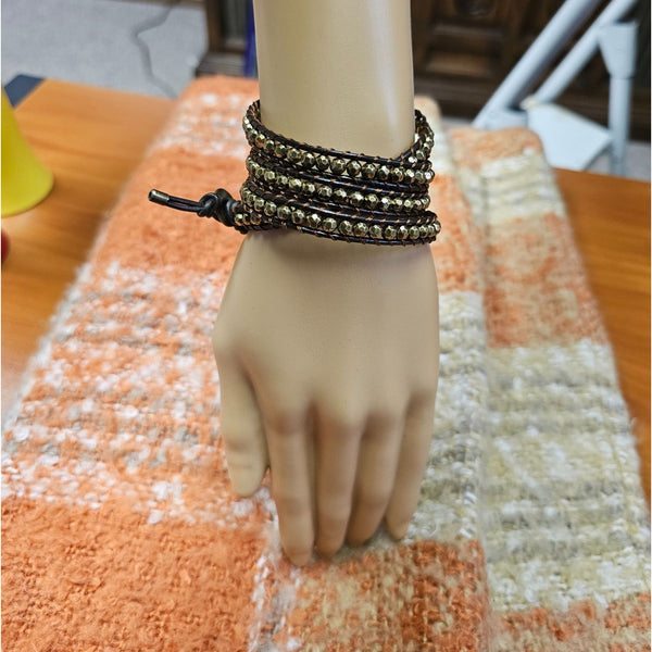 Wrap Bracelet. Set in Brown Leather with Faceted Gold Beads, 31 In