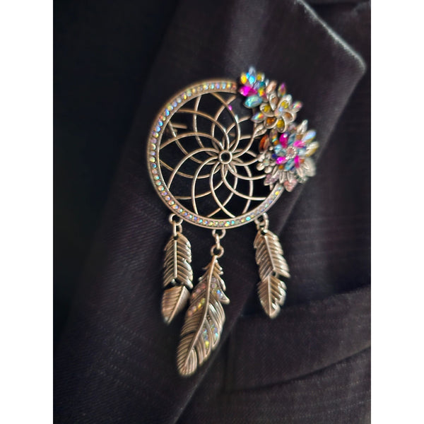 Large Dream Catcher Jeweled Brooch with Dangling Feathers