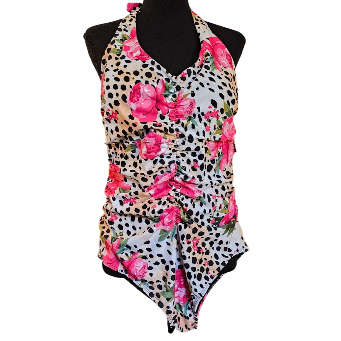 Womens Floral & Leopard Print One-Piece Halter Swimsuit By Noon Swim Size 20