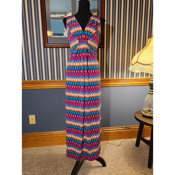 Ruby Rd. Size Small Batik V Neck Stretch Maxi Summer Sun Dress Multicolor