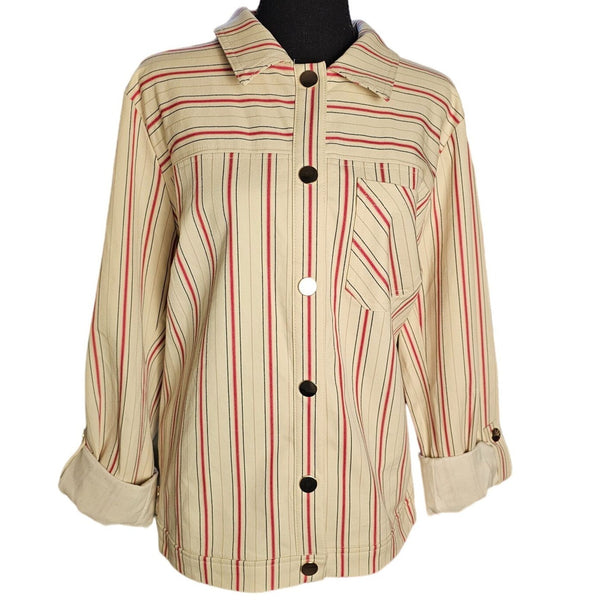 Chico's Thin Denim Cream & Red Striped Fabric Gold Snap Closure Jacket, Size 16