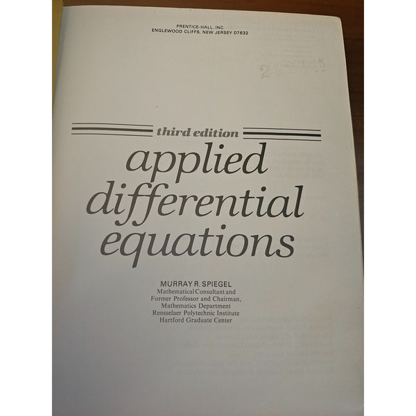 1981 Applied Differential Equations Third Edition By Murray R. Spiegel Hardcover