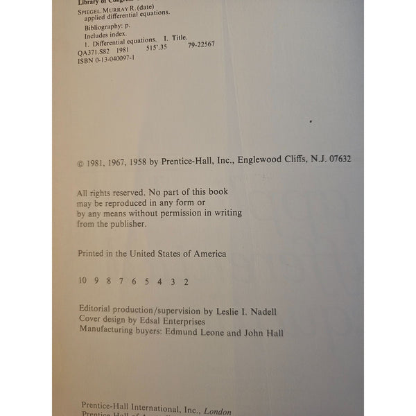 1981 Applied Differential Equations Third Edition By Murray R. Spiegel Hardcover