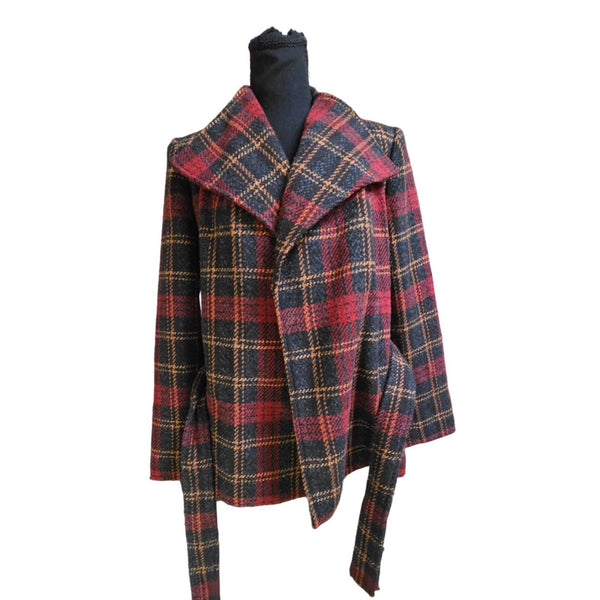 Evan Picone Belted Wool Blend Women's Blazer Coat. Red, Black and Tan. Size PM