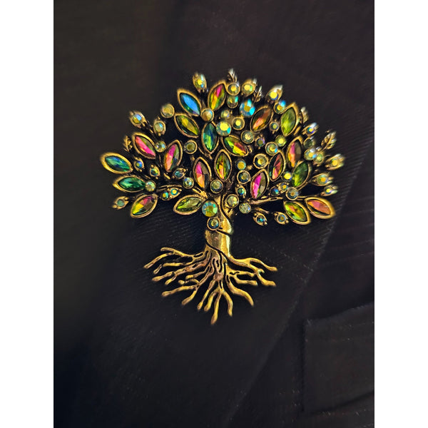 Tree of Life Rhinestone Jeweled Brooch. Colorful Tree with Roots Brooch