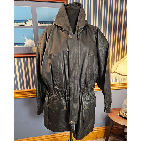 Vintage Comint Black Heavyweight Polyfill Hooded Leather Coat Drawstring Waist L