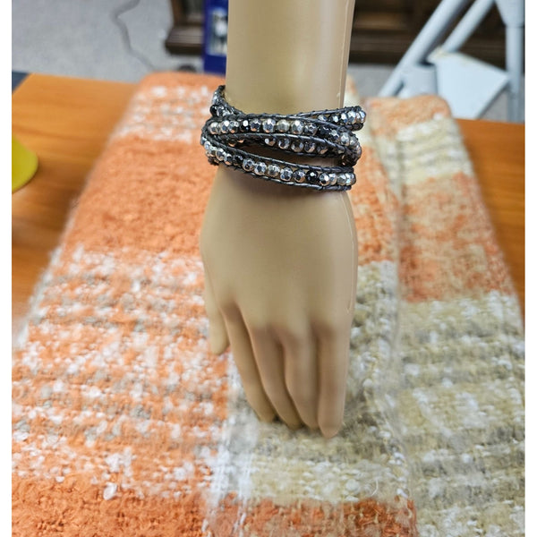 Wrap Bracelet. Set in Silver Leather with Faceted Silver and Black Beads, 31 In