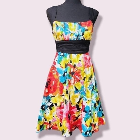 B. Smart Colorful Abstract Floral Dress. Padded Bodice, Midi A-Lined, Size 6