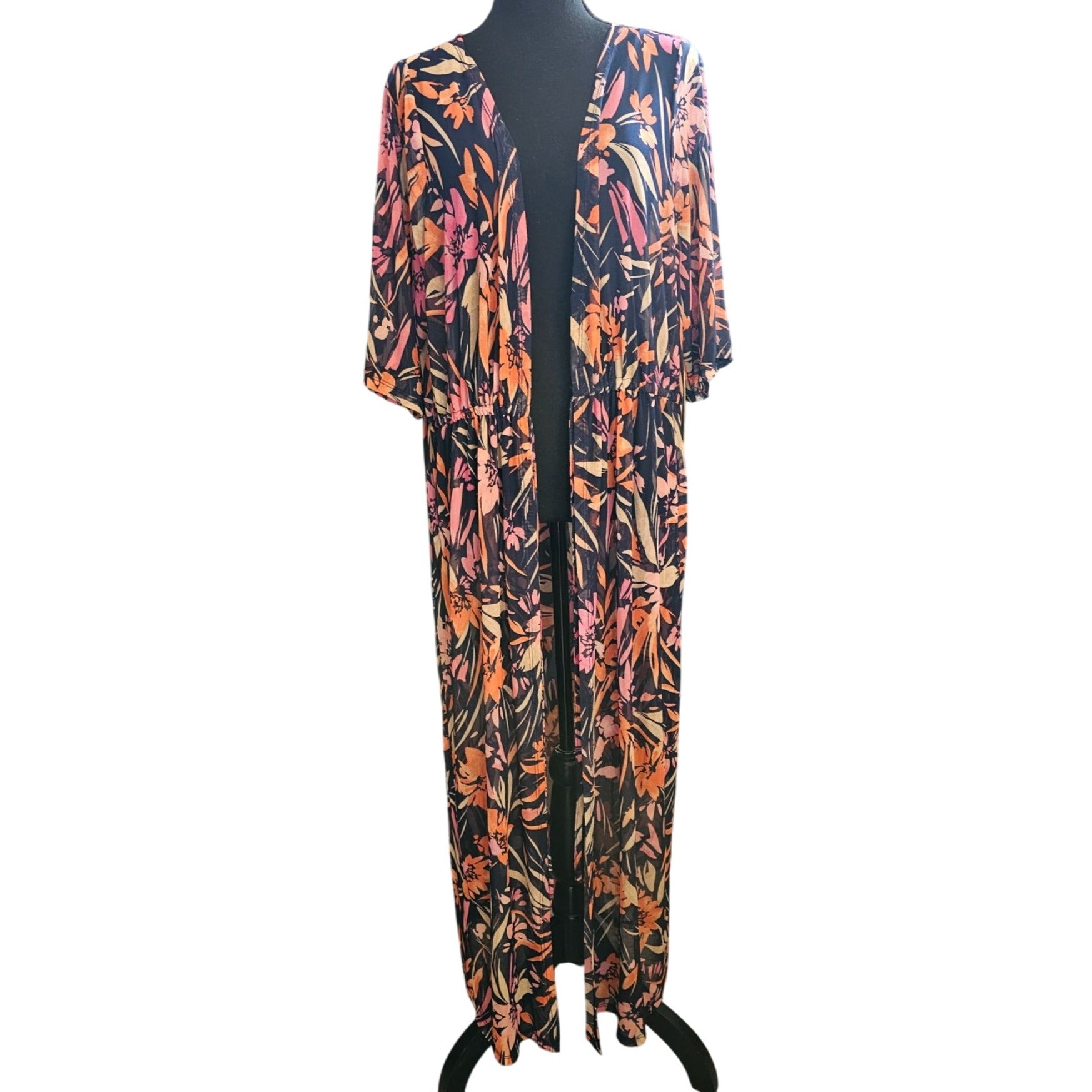Size 1X Floral Print Open Front Sheer Kimono Cardigan By Cyrus Summer Coverup