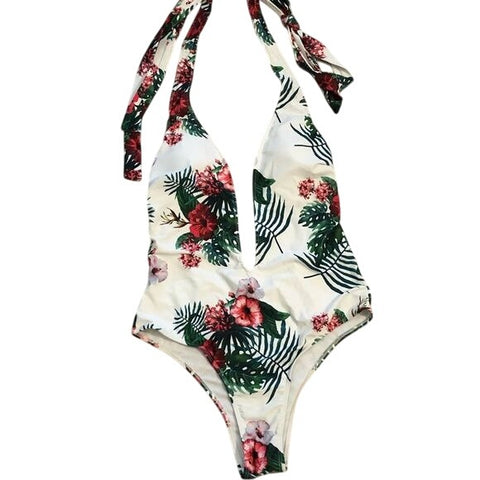 White Triopical Deep V-Neck One Piece Bathing Suit. Dramtic Long Neck Tie Size S
