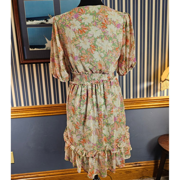 Lush Floral Print Boho Folk Mini Dress Ruffled Hem & Smocked Waist V-Neck Size S