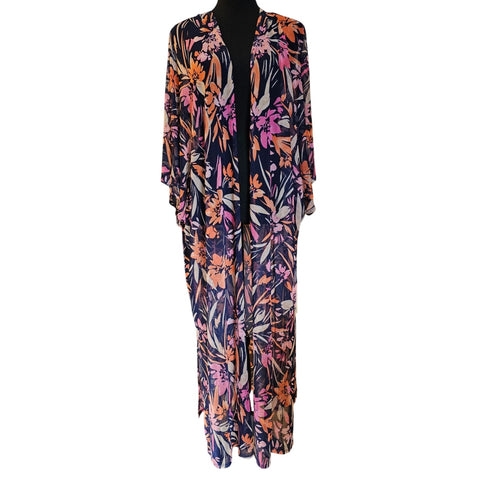 Size 2X Floral Print Open Front Sheer Kimono Cardigan By Cyrus Summer Coverup
