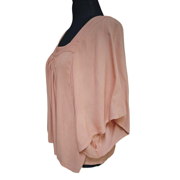 Easel Rayon Peach Loose and Flowy Blouse. Kimono Sleeves, Rear Bowtie, Size S