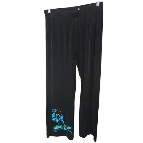 Chicos Travelers Black Wide-Leg Pants W/ Blue Embroidery CHICOs Size 1; Reg 8