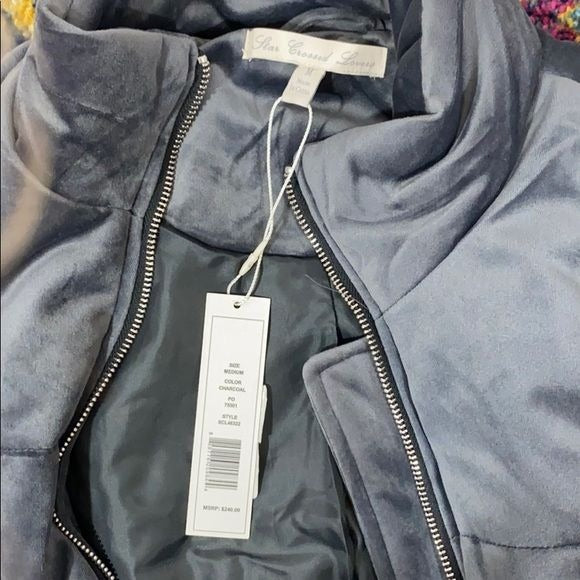 Star Crossed Lovers Charcoal Gray Velvet Feeling Puffer Women's Coat, Size Small