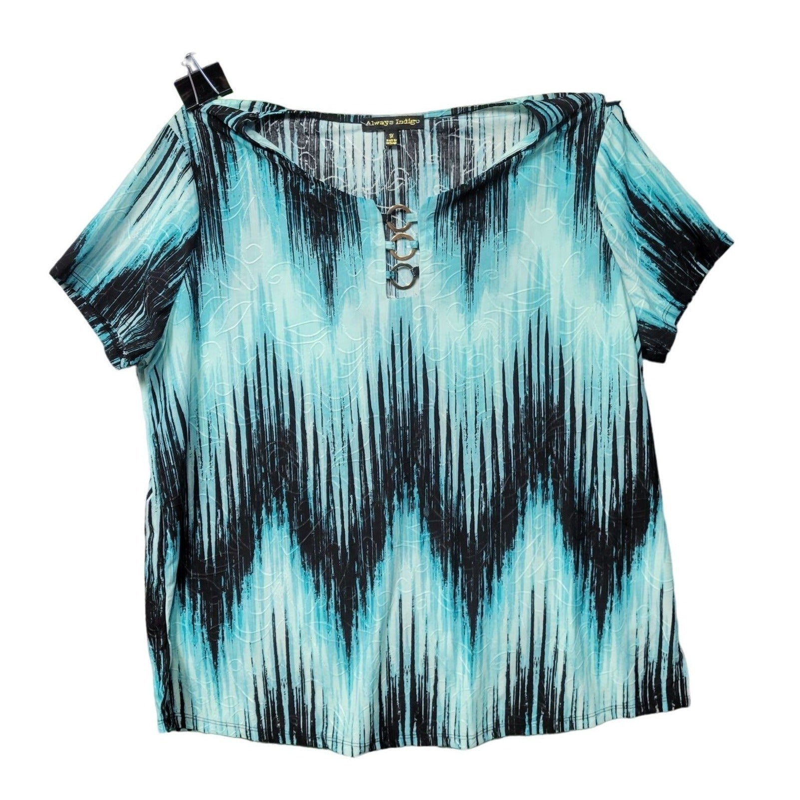 Always Indigo, Black and Ocean Colors Zigzag Women Loose Fit Blouse, Size 1X