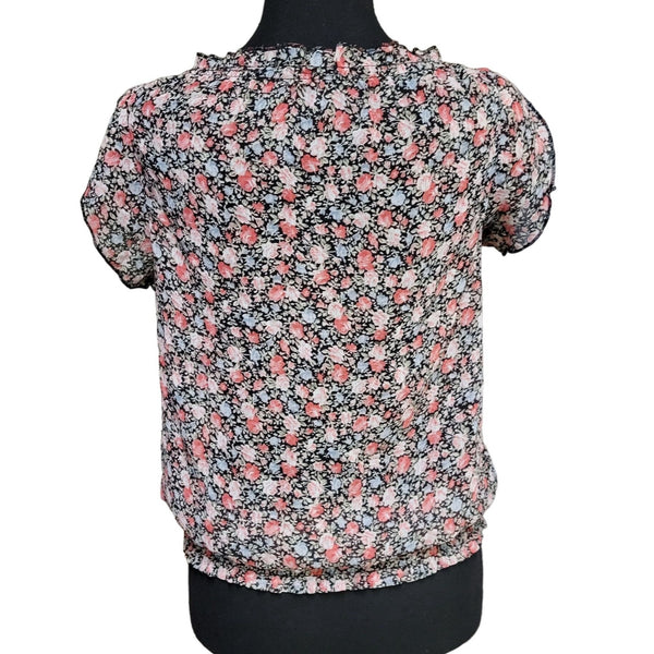 Poetry Floral Women's Sheer Blouson, Floral Print w/ Smocking Bottom Hem, Size S