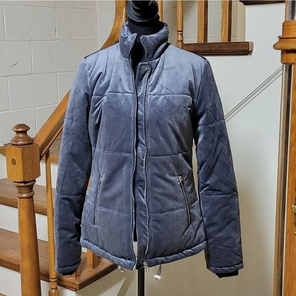 Star Crossed Lovers Charcoal Gray Velvet Feeling Puffer Women's Coat, Size Small
