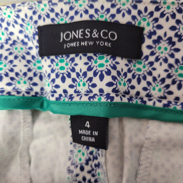 Jones & Co White with Navy Blue & Green Pattern Women's Casual Pants, Size 4